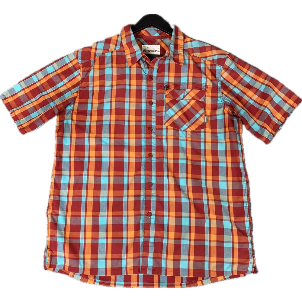 Simms Mens Shirt L Red Orange Blue Plaid Short Sleeve Fishing Hiking 34226